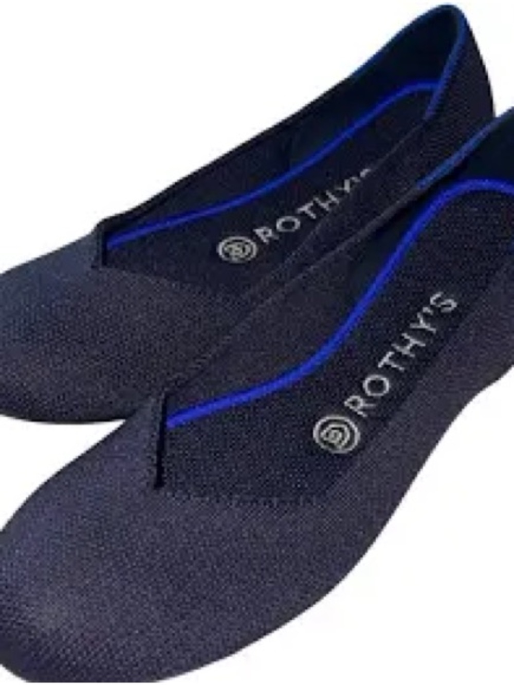 Rothy's navy blue round-toe knit flat shoes featuring a distinctive bright blue - Picture 4 of 12